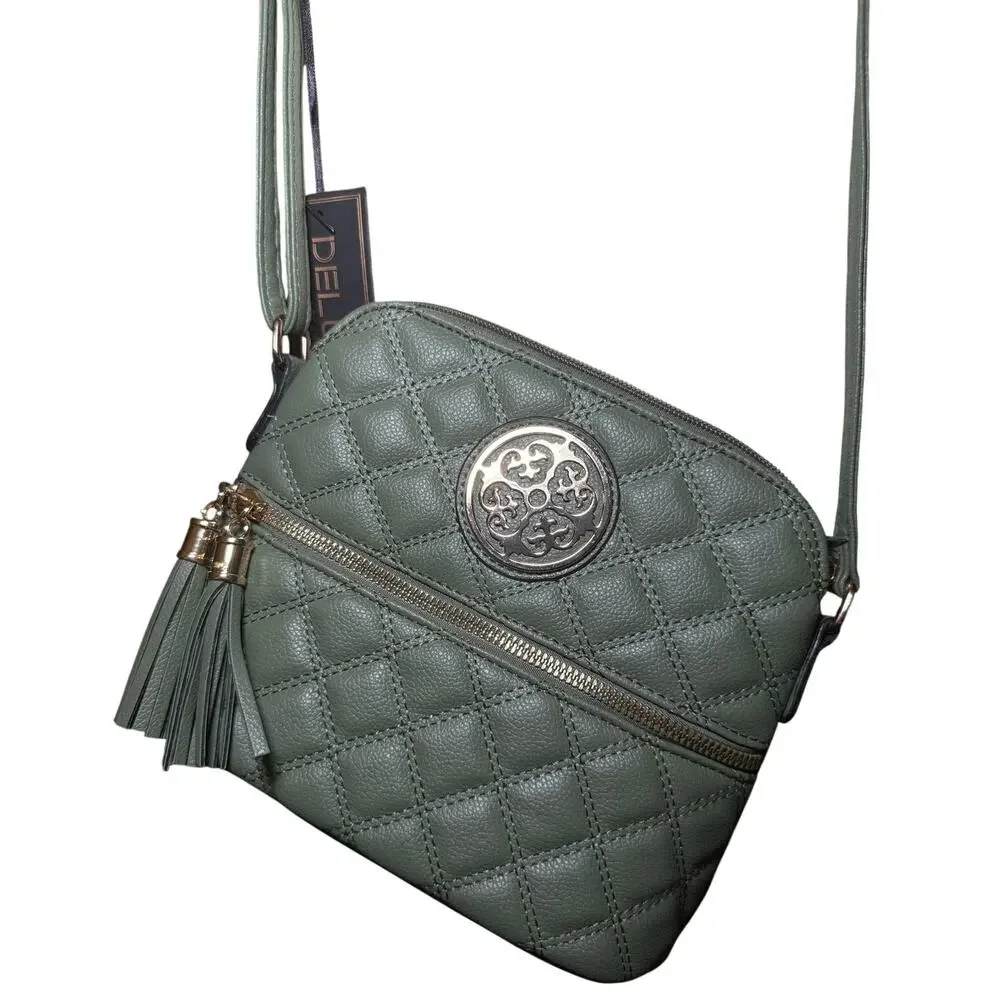 Deluxity Sage Green Quilted Crossbody Bag, Gold Hardware Tassels, NWT